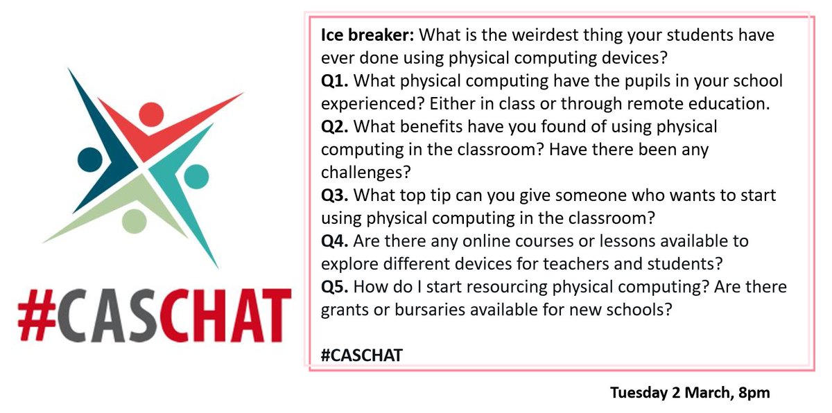 caschat_uk's tweet photo. Please join us in 1 hour for #CASChat hosted by Magda Wood (@microbit_edu) James Robinson (@LegoJames) Joseph Birks (@RedfernElec) Mike Cargill (@ukstemdotuk)
this Tuesday (2nd March - 8pm GMT)

Where we’ll discuss: 
Physical Computing https://t.co/I2yU7O9022