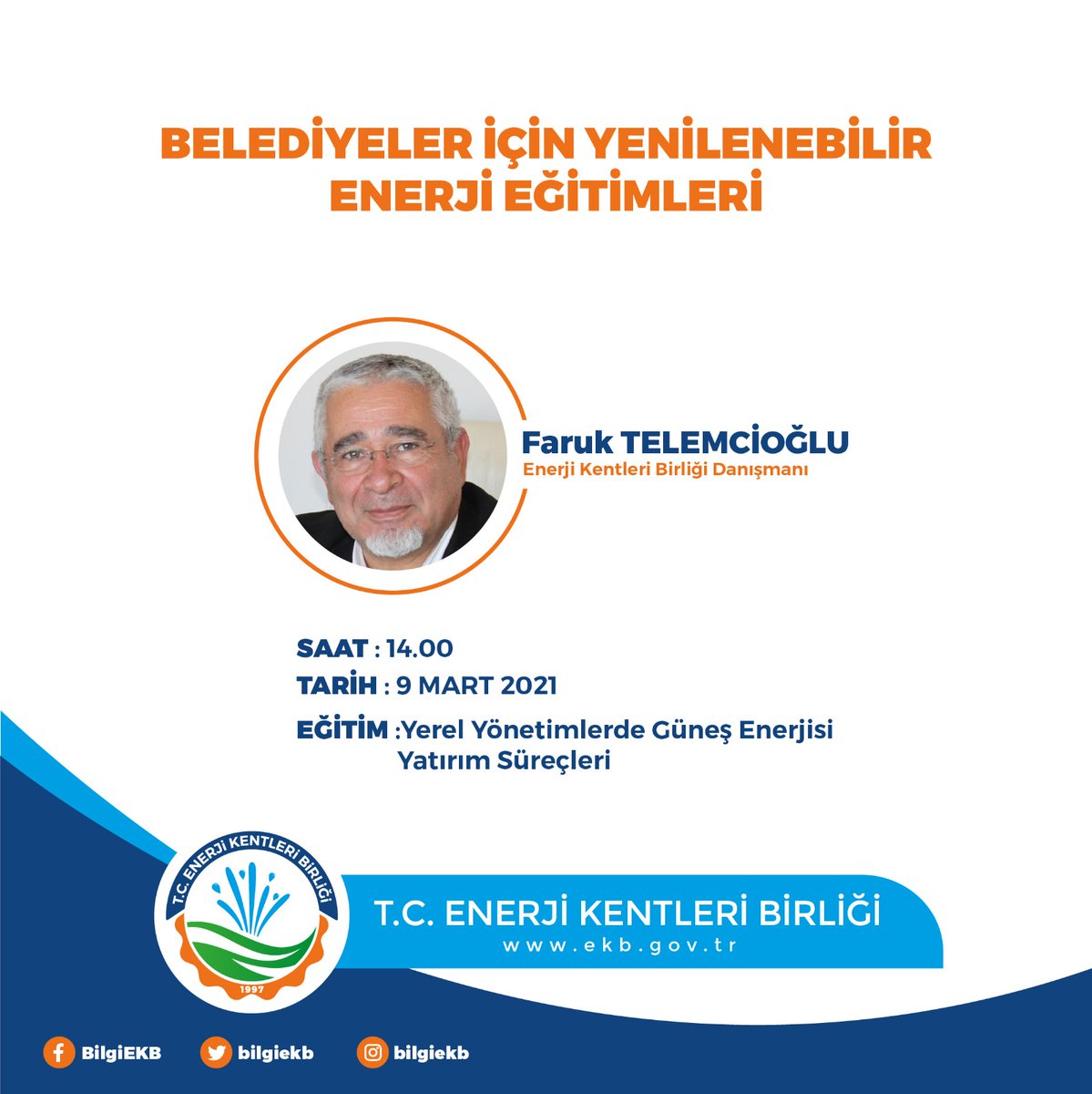 BilgiEKB's tweet image. BELEDİYELER İÇİN YENİLENEBİLİR ENERJİ EĞİTİMİ
Uzaktan Eğitim Programımızın İlki 
09 Mart 2021 Tarihinde 14.00 Saatinde Başlayacaktır.
Faruk TELEMCİOĞLU’nun Yerel Yönetimlerde Güneş Enerjisi Yatırım Süreçleri ile Başlayacaktır.
#solar #ges