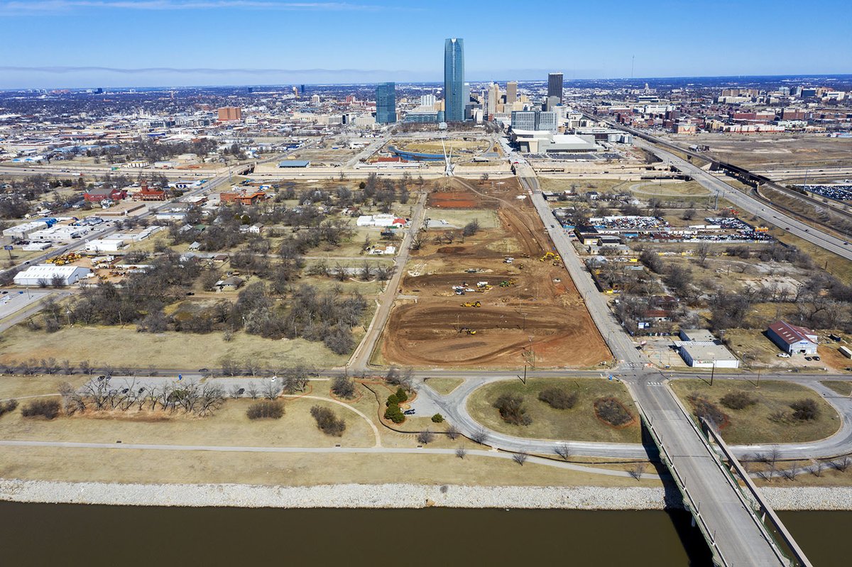 OKCTalk's tweet photo. Construction of the lower section of @ScissortailPark continues.  Will ultimately connect the core of downtown with the Oklahoma River.  @DowntownOKC https://t.co/JIvdyXuIfe