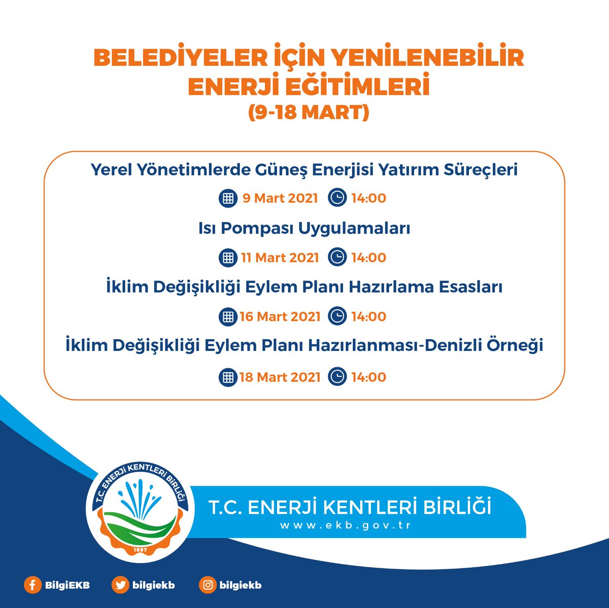 BilgiEKB's tweet image. BELEDİYELER İÇİN YENİLENEBİLİR ENERJİ EĞİTİMLERİ
Uzaktan Eğitim Programımız Haftaya Başlıyor.
Ayrıntılı Bilgi İçin Tıklayınız:
tinyurl.com/rw5xcr3v

#enerji #energy #jeotermal #geothermal #solar #ges #biomass #biyogaz #biogas #hes