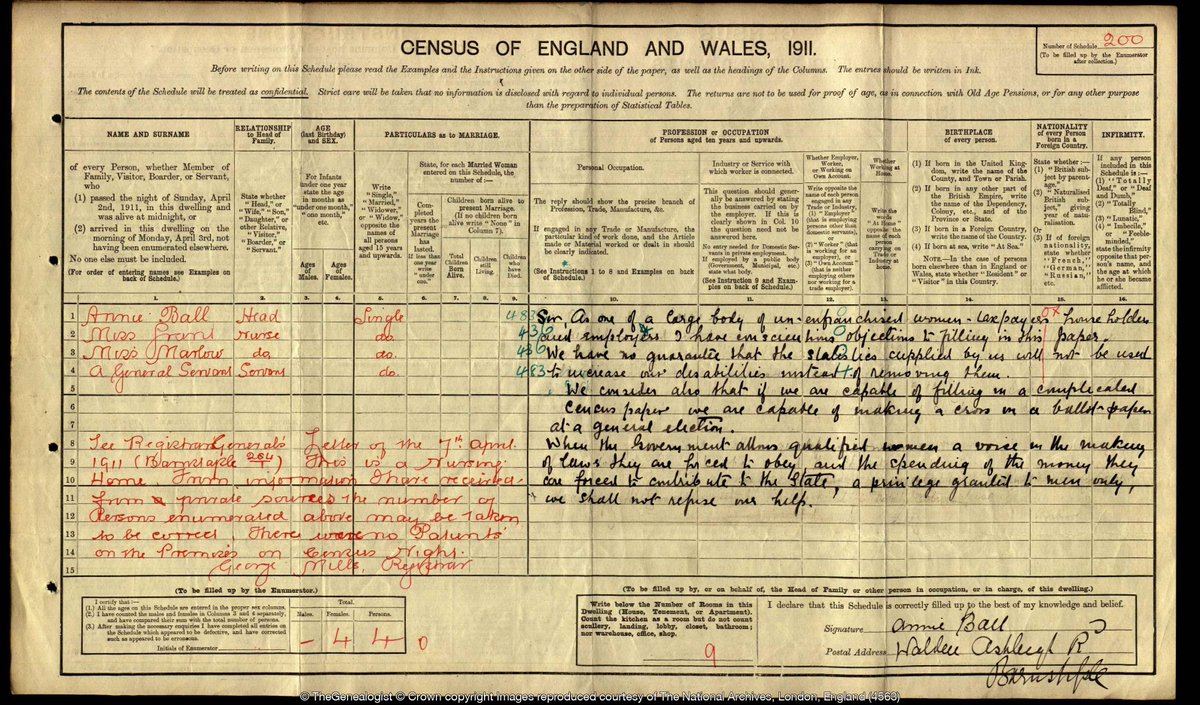 Dorset_Owl's tweet photo. @Otto_English Also an opportunity for protest. This from 1911 - suffragettes working in a nursing home in Devon withholding info: "If we are capable of filling in a complicated census paper we are capable of making a cross on a ballot paper". https://t.co/gA6gg2PVEF