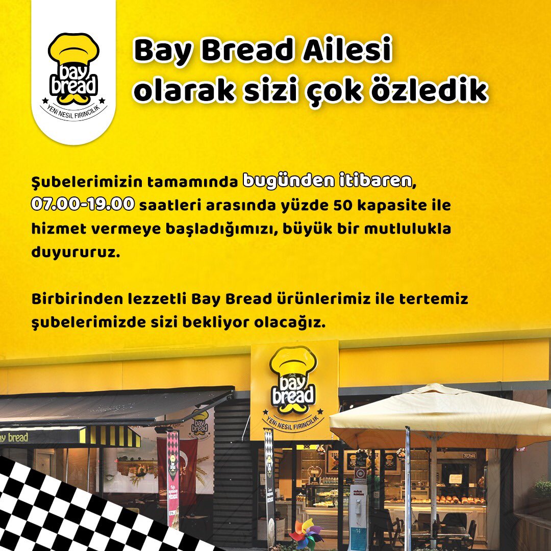 bay_bread's tweet photo. Şubelerimizin tamamında bugünden itibaren, 07.00-19.00 saatleri arasında yüzde 50 kapasite ile hizmet vermeye başladığımızı, büyük bir mutlulukla duyururuz😊
Birbirinden lezzetli Bay Bread ürünlerimiz ile tertemiz şubelerimizde sizi bekliyor olacağız🤗
#baybread https://t.co/3dzjQ84s1L