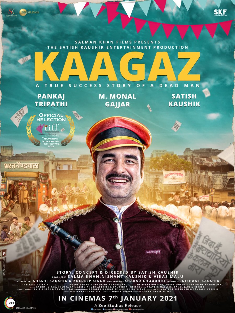 RIFFJAIPUR's tweet photo. Pleased to Announce that film "#Kaagaz" | India | Hindi | 116 min | Director : @satishkaushik2 | Producer : #SalmaKhan @Nishantkaushikk #VikasMalu , CAST : @TripathiiPankaj @Gajjarmonal @satishkaushik2 #MitaVashisht , @TheAmarUpadhyay is Officially selected in #RIFF 2021 ! https://t.co/k3it2ffNhz