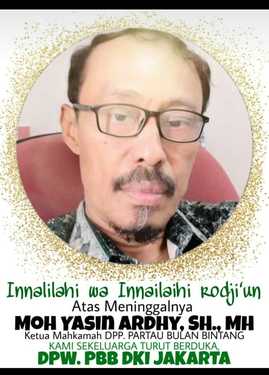 Kami segenap Pengurus dan jajaran DPW.PBB DKI Jakarta Beserta Banom,Mengucapkan Turut Berduka Cita Atas Meninggalnya Ketua Mahkamah Partai Bulan Bintang Pusat.Semoga yg di tinggalkan di berikan Ketabahan &amp; keikhlasan Hati
AlFatehah
 <a href="/icalsyamsudin99/">@icalfrontline</a> 
 <a href="/OfficialDPP_PBB/">Partai Bulan Bintang</a> 
 <a href="/DkiPbb/">DPW PBB DKI Jakarta</a>