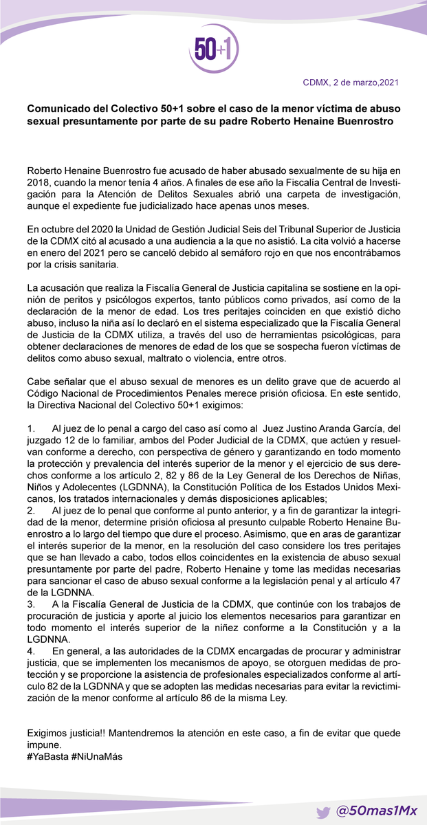 CentralColectiv's tweet photo. Quienes integramos el Colectivo #50Más1, nos manifestamos sobre el caso de la menor víctima de abuso sexual presuntamente por parte de su padre Roberto Henaine Buenrostro. https://t.co/00v6loEQtK