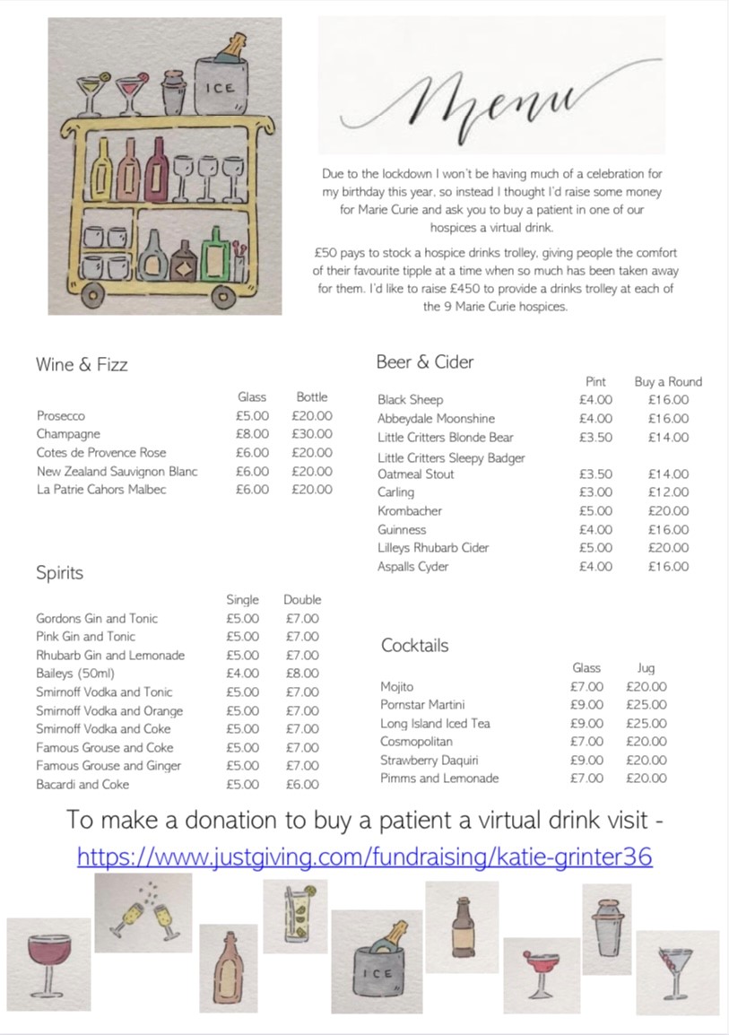 katiegrinter's tweet photo. Due to the lockdown I won’t be celebrating my birthday this year, so instead I thought I’d raise some money for Marie Curie and ask you to buy a patient in one of our hospices a virtual drink. @mariecurieuk #Mariecurie #birthdaygirl #birthdaydrinks https://t.co/gpAPqpWQhA https://t.co/MidSxIsKcO