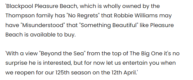 Daily Mail Online: 'Robbie Williams considers buying Blackpool Pleasure Beach theme park...

Our response: 🤨

mol.im/a/9316085