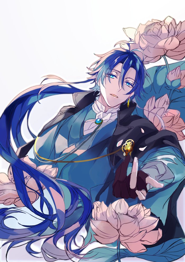 1boy male focus flower blue hair solo blue eyes jewelry  illustration images