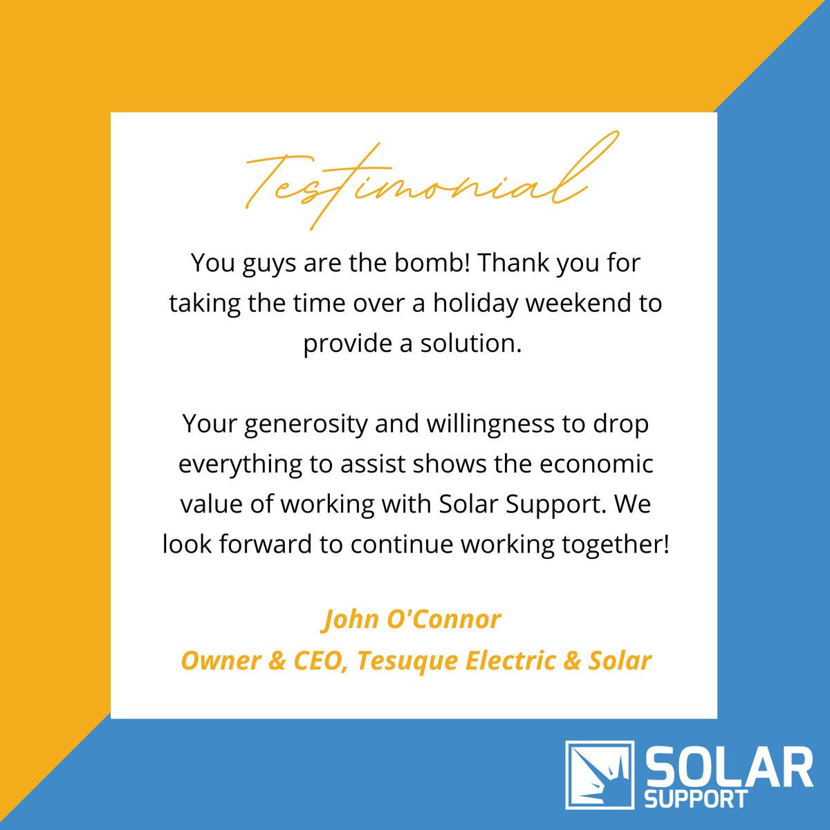 SolarSupportMe's tweet photo. Utility-Solar work comes with different O&amp;M challenges, but we're always here for our customers. On #TestimonialTuesday (and everyday!) we're grateful for partnerships with utility clients like John of Tesuque Electric &amp; Solar of Santa Fe, NM. https://t.co/9yEzmW4Hn4