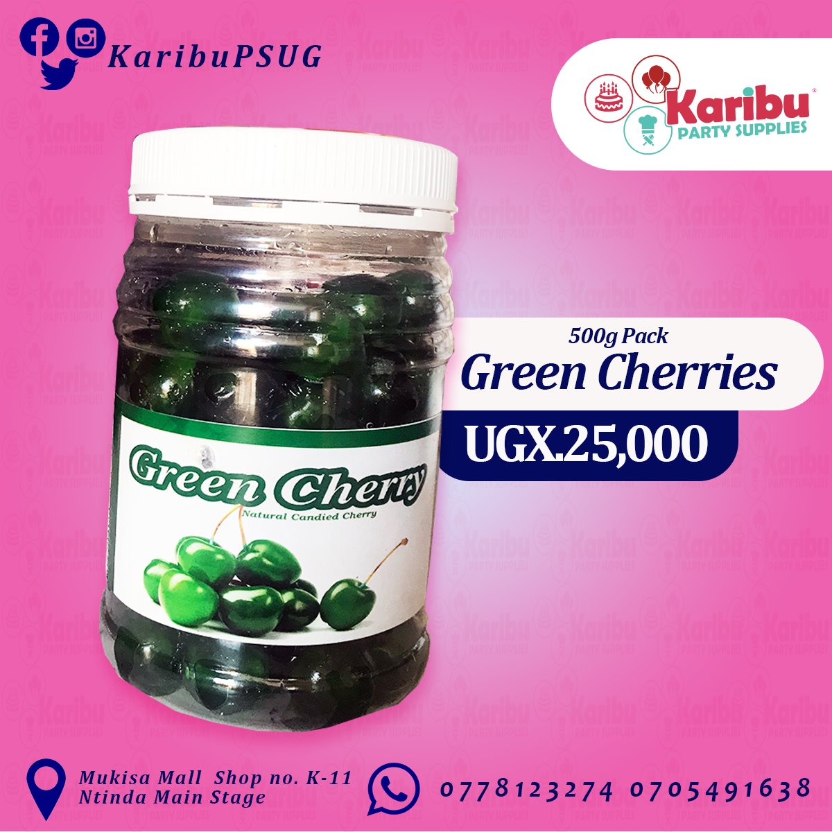 KaribuChef's tweet photo. Make Your Fruit Cake More Fruity, Tasty And Sweet With These 500g Green Cherries At UGX 25,000. Come Check us out!

Find us at Mukisa Mall K-11 (First Floor), Ntinda Stage Opposite Former DFCU Bank Call/Whatsapp 0705 491 638 0778 123 274

#fruitcake #cherries #bake #cakes #uganda https://t.co/ngUuWF8czl