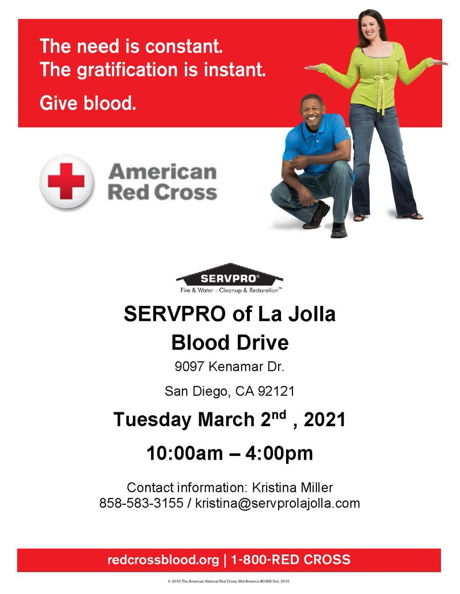 There is still time to donate! Contact Kristina at Servpro of La Jolla to make your appointment and give the gift of life! 858-583-3155