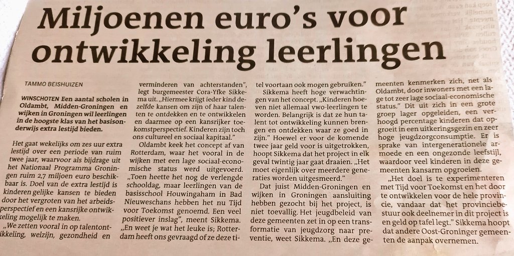 Minder kansenongelijkheid én #MeerGezondeJaren,we werken er hard aan!
Tijd voor Toekomst, 'n verrijkte schooldag met extra aandacht voor ontwikkeling van talenten bij kinderen,is begonnen in <a href="/gemeenteoldambt/">Gemeente Oldambt</a> <a href="/Middengroningen/">Midden-Groningen</a> en <a href="/gem_groningen/">Gemeente Groningen</a>. En meer gemeenten hebben interesse!