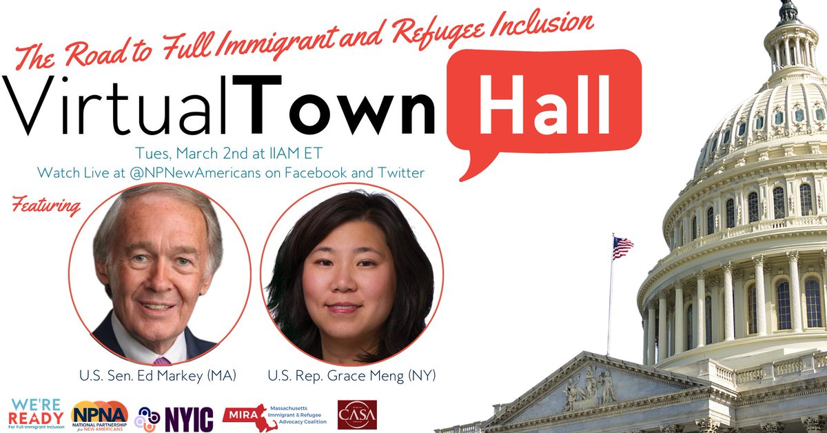 IN 2 HRS: Town hall on immigrant & refugee integration - join us, @thenyic, & @MIRACoalition as we discuss some of the most pressing issues for immigrants & refugees & federal legislation on integration with Sen @EdMarkey & @RepGraceMeng! Register here: npna.info/3pXW0QM