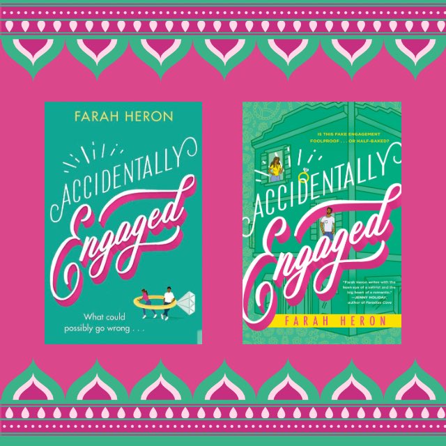 Two book covers for Accidentally Engaged by Farah Heron. Both green with pink lettering and featuring a brown skinned couple.