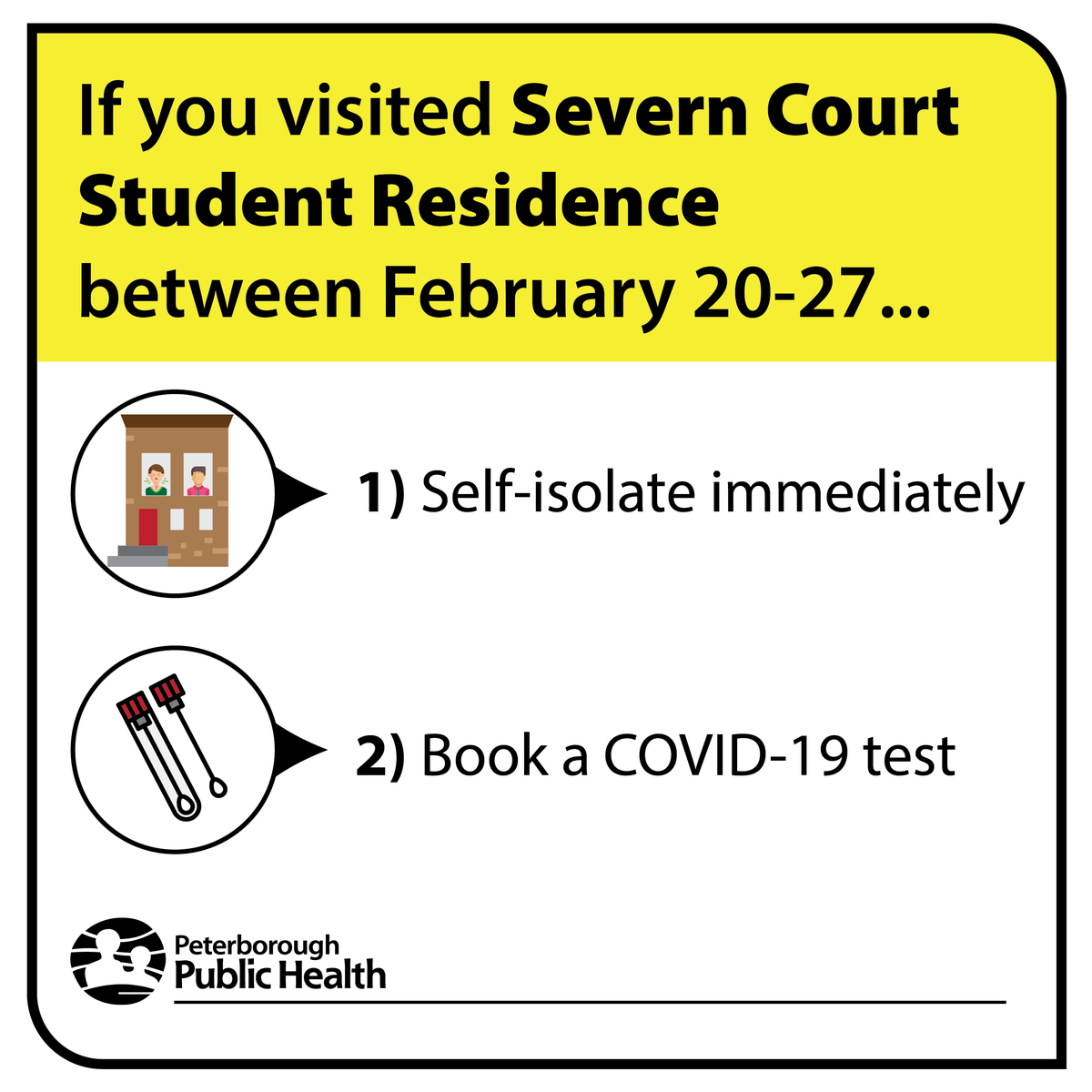 Ptbohealth's tweet photo. OUTBREAK ALERT: PPH is asking that anyone that has visited Severn Court Student Residence between Feb 20-27 self isolate immediately and book a COVID-19 test. https://t.co/4CrR0jaAV5 https://t.co/EUkiePIskw