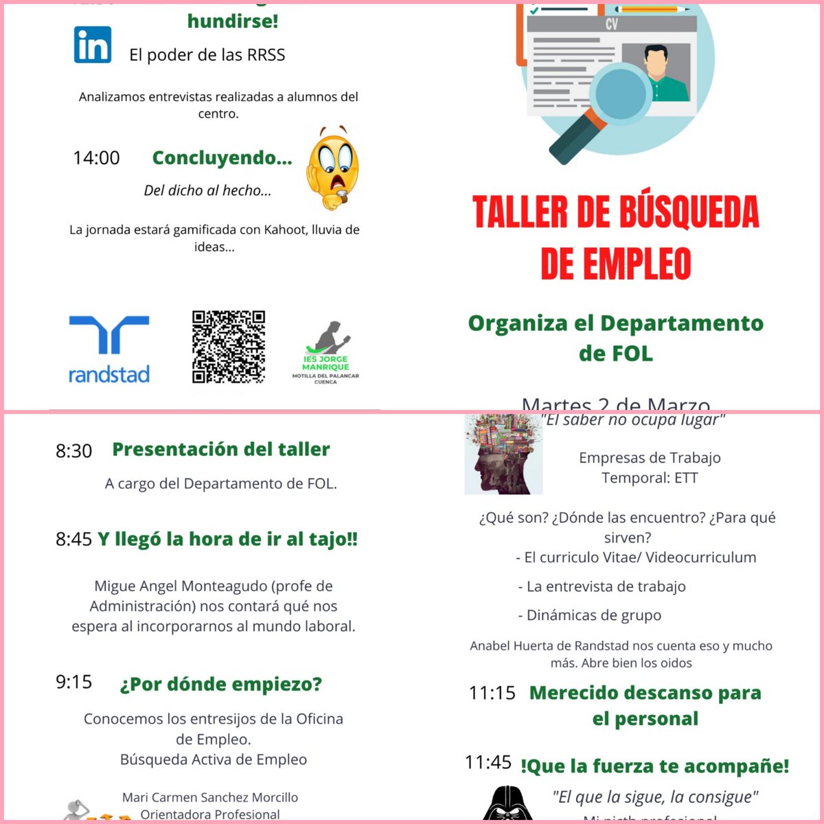 Desde el Departamento de FOL del <a href="/IESJorgeManriqu/">IES Jorge Manrique</a> hemos organizado un Taller de búsqueda de empleo para el alumnado de 2°de CFGM y GS, con la colaboración de <a href="/EmpleaCLM/">Emplea CLM</a> de Motilla del Palancar y de  <a href="/Randstad/">Randstad</a>. Gracias a las ponentes y al alumnado asistente.