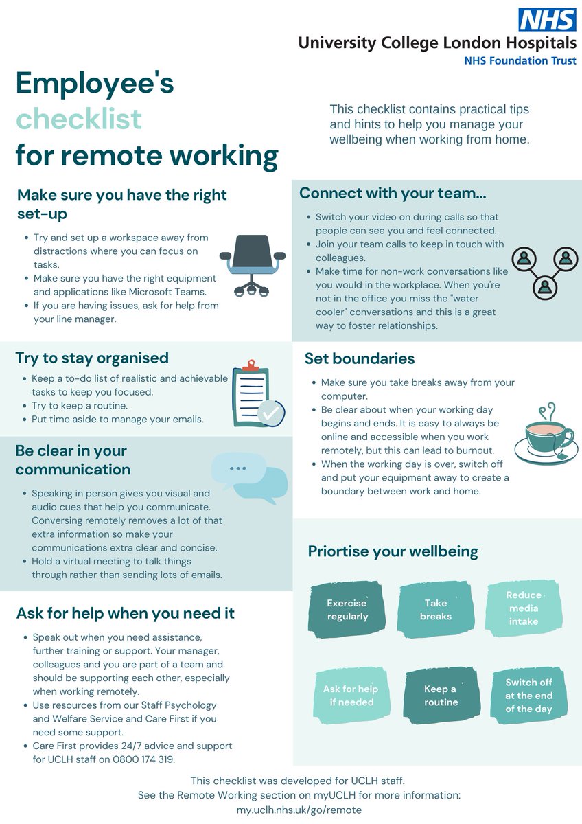 Working from home? Our workforce team created this #RemoteWorking checklist for <a href="/uclh/">UCLH</a> staff. These tips will help you manage your #wellbeing when working from home. <a href="/Claire_NHS/">Claire Stranack</a> @sdcampbell [Staff can search our intranet #myUCLH for Remote Working tips and support]