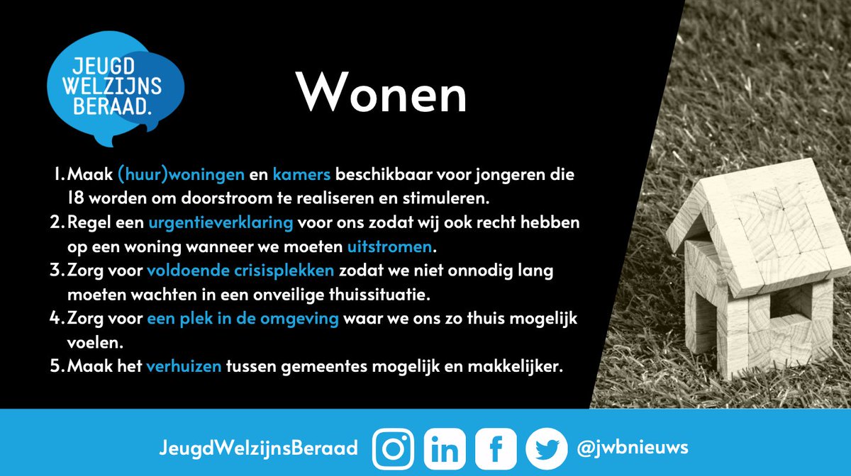 De eerste tegel uit ons partijprogramma is “wonen”. Bijvoorbeeld: “Regel een urgentieverklaring voor ons zodat wij ook recht hebben op een woning wanneer we moeten uitstromen” #jeugdhulp #inspraak