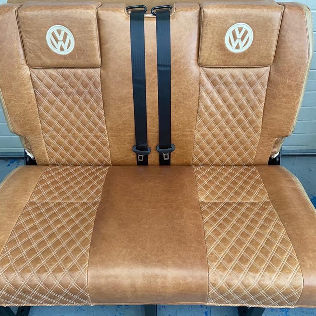 VisionLeisure's tweet photo. A classic look for this set of seats, trimmed in old English tan leather with small Bentley diamonds to compliment, looking smart 👌🏻 #campervanupholstery #leisureupholstery #vwcampervanupholstery #vwupholsterers #autotrim #autotrimmer #daysout #holidays #shropshirelife https://t.co/kN1Wjk59mM