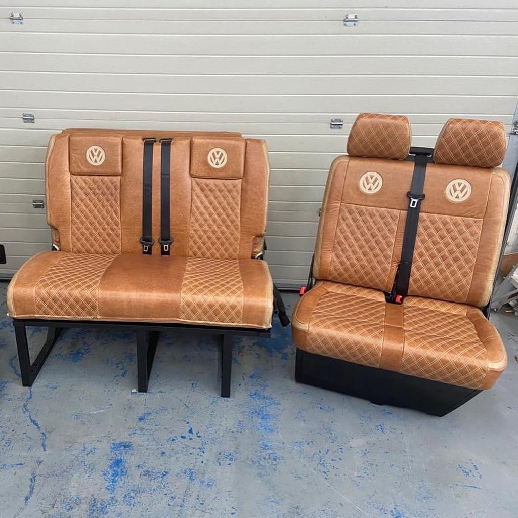 VisionLeisure's tweet photo. A classic look for this set of seats, trimmed in old English tan leather with small Bentley diamonds to compliment, looking smart 👌🏻 #campervanupholstery #leisureupholstery #vwcampervanupholstery #vwupholsterers #autotrim #autotrimmer #daysout #holidays #shropshirelife https://t.co/kN1Wjk59mM