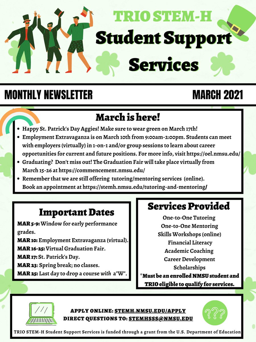 March is here! Read our monthly newsletter for important dates and updates. #NMSU #TRIOworks 😄🍀🍀🌈