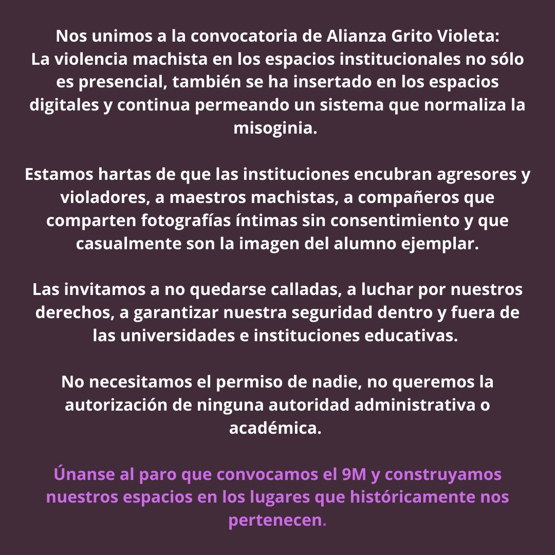 herederas_fmed's tweet photo. 📢Las colectivas convocamos a paro el 9M a todas las mujeres de las escuelas de la UADY y otras dependencias educativas 

Este 9 de Marzo ninguna se mueve . Es un paro, no pedimos permiso, ni "día libre". 💜🔥
 
Nos unimos a la convocatoria de la colectiva "Alianza Grito Violeta" https://t.co/vIXQp9bDe1