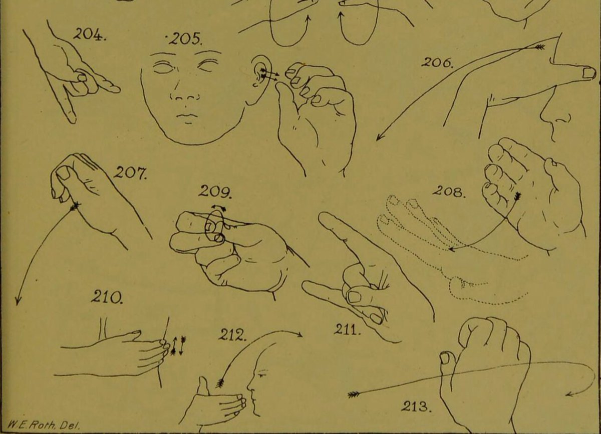 Figures from Roth's 1897 monograph on an Aboriginal (alternate) sign language used in Queensland, Australia. Love the fletching on those arrows! (Source:  https://wellcomecollection.org/works/z74yavfk/ )