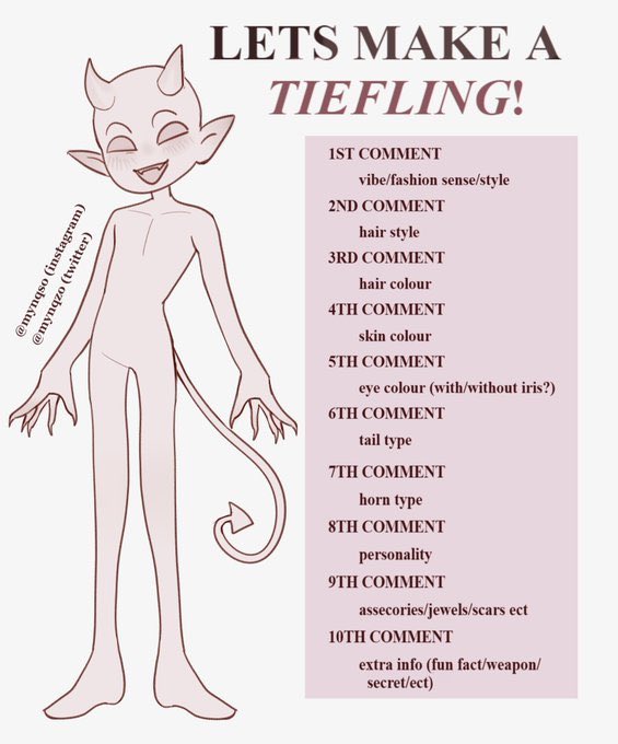 Crud didn't mean to delete this. I'm doing this on Tumblr as well and want to see how different Twitter is. So this is a Twitter vs Tumblr Tiefling! Comment down below! 😈👿
@sunfIower_seed @nikiforcvs @oldmossybones @c0smicartisan @cinnamonbvnxx @st_hedge @Jonzellapdav 
