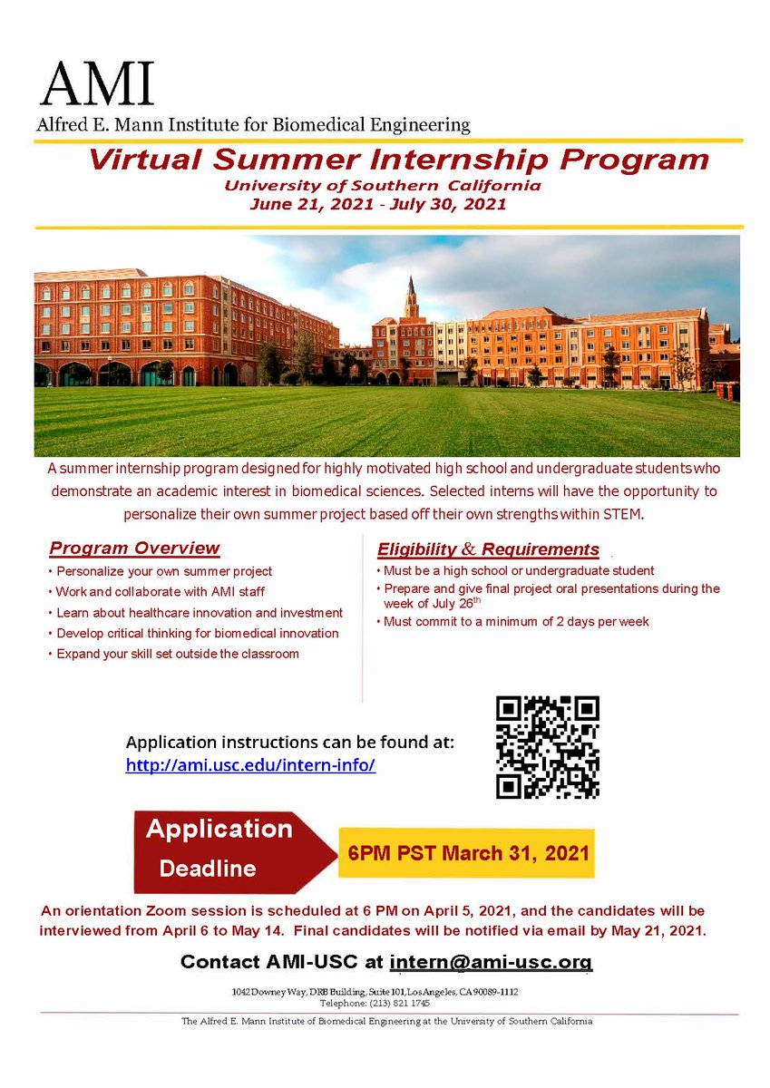 USCMESH's tweet photo. #SummerInternship opportunity: AMI-@USC is searching for motivated high school and undergrads who are passionate about utilizing #science and #engineering to solve #biomedical problems.
Learn more: https://t.co/Nye6sEeyDU
#STEMIntern #PersonalizedProjects #Mentorship https://t.co/jGjCaeyXME