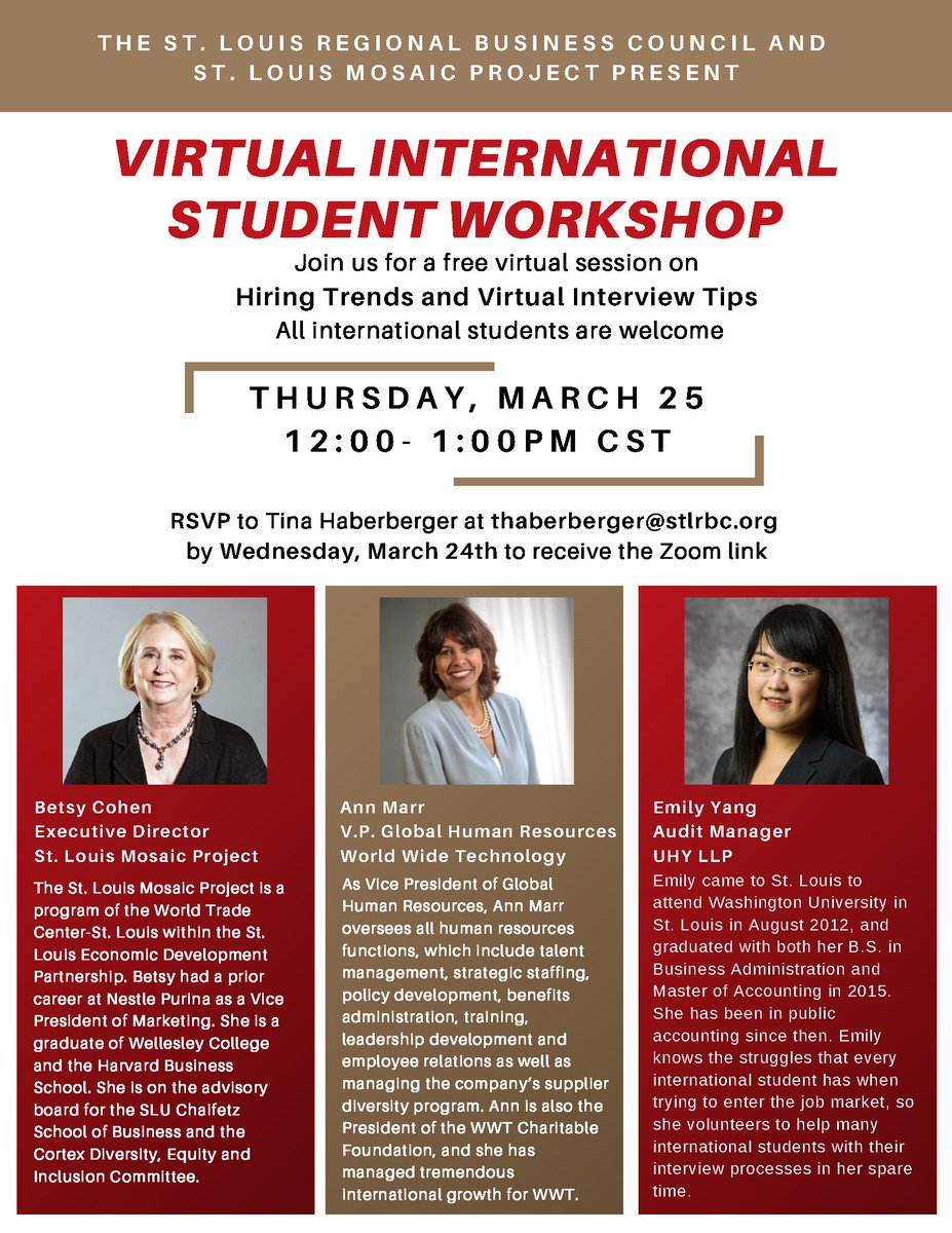Regional Business Council (@rbcstlouis) on Twitter photo Are you an international student in search of hiring trends and virtual interview tips? Join the RBC and St. Louis Mosaic Project on March 25th from 12 – 1 pm for an International Student Workshop. To RSVP email Tina Haberberger at thaberberger@stlrbc.org Are you an international student in search of hiring trends and virtual interview tips? Join the RBC and St. Louis Mosaic Project on March 25th from 12 – 1 pm for an International Student Workshop. To RSVP email Tina Haberberger at thaberberger@stlrbc.org