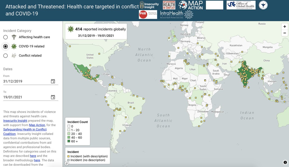 ICNurses's tweet image. We regret that this is something we have to report on. ICN strongly condemns all violence against #HealthWorkers, &amp;amp; especially when they are at the forefront of the #COVID19 pandemic. Access the map to see the true extent of this issue: mapbox.insecurityinsight.org