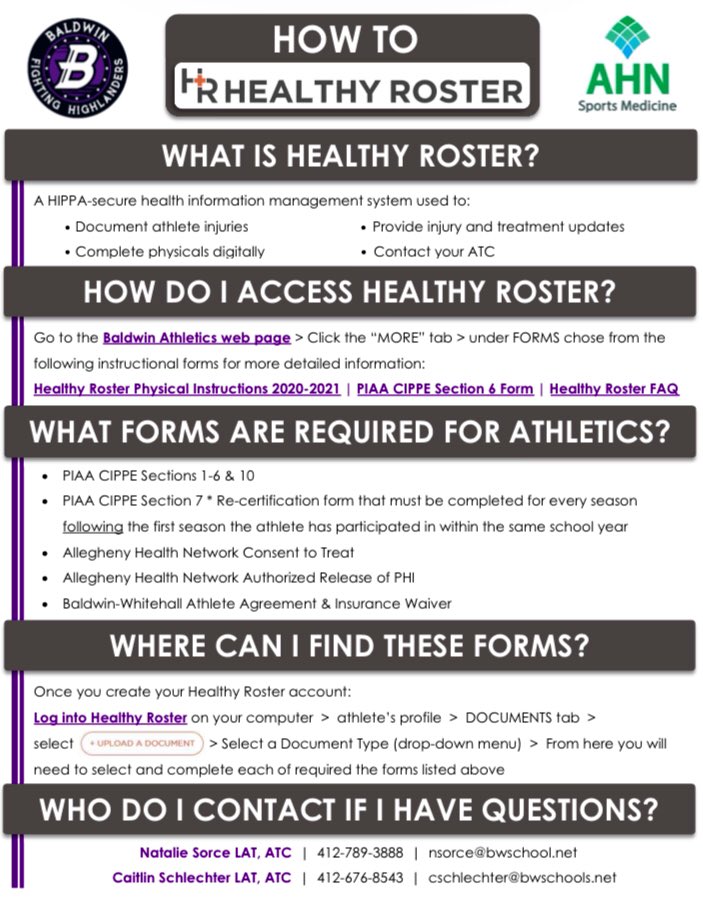 SPRING ATHLETES (or those interested)

Please have your physical packet completed (ALL required forms) in Healthy Roster BEFORE Monday 3/8/21 to be eligible to participate.
@BHS1Athletics1 

Info below: