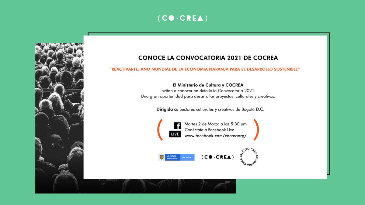 adrpad's tweet photo. #CompromisoReactivARTE
2021, Año mundial de la #EconomíaNaranja para el Desarrollo Sostenible.
📌@mincultura y @CocreaOrg los invitan a conocer en detalle la Convocatoria 2021 de Cocrea, para desarrollar proyectos culturales y creativos.
Conéctate ✔️ 5:30 https://t.co/v96n6i35Uz https://t.co/pBSOyxSU4F