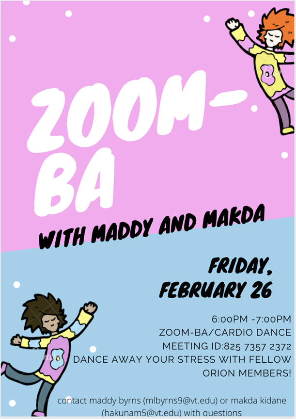 OrionScienceLLC's tweet photo. On Friday, February 26th, the Orion Living Learning Community held a “ZOOM-Ba” event. This event allowed students to gather with their peers safely to dance away the first exam rotation stress. Thank you Maddy and Madka, for hosting this event! https://t.co/xUcNGaqcPw