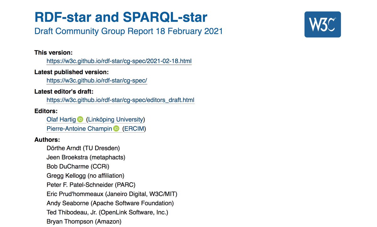 graphewrdf's tweet photo. In case you missed it, the first "published draft version" of RDF-star and SPARQL-star (yes, RDF* and SPARQL* that you can search for on that world-wide web thing) is available at: https://t.co/cTJB9w2jHa #rdf #sparql #rdfstar #sparqlstar #w3c https://t.co/7TBsuOxmgl