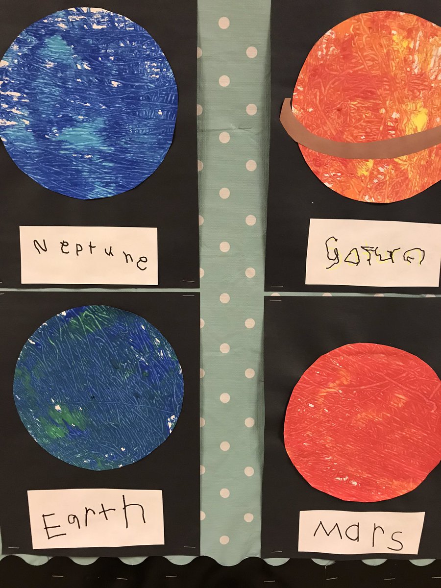 BeckyClift85's tweet photo. Kindergarten is out of this world! We have started our #spaceinquiry and decided to make marble painting planets. What colours do you need for Mars? What colours do you need for Neptune? Then we labeled our planets and displayed them for all! #kindergarten @tvdsb @Harrisfield1 https://t.co/5XIIuvmYae