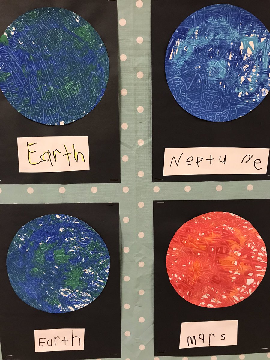 BeckyClift85's tweet photo. Kindergarten is out of this world! We have started our #spaceinquiry and decided to make marble painting planets. What colours do you need for Mars? What colours do you need for Neptune? Then we labeled our planets and displayed them for all! #kindergarten @tvdsb @Harrisfield1 https://t.co/5XIIuvmYae