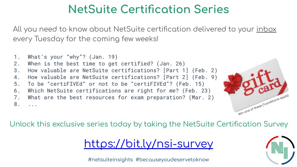 NSuiteInsights's tweet image. When it comes to NetSuite certification, what are the best resources to help you prepare for your exams? Find out via our exclusive #netsuitecertification email series! Go to bit.ly/nsi-survey to unlock.

#netsuiteinsights #becauseyoudeservetoknow