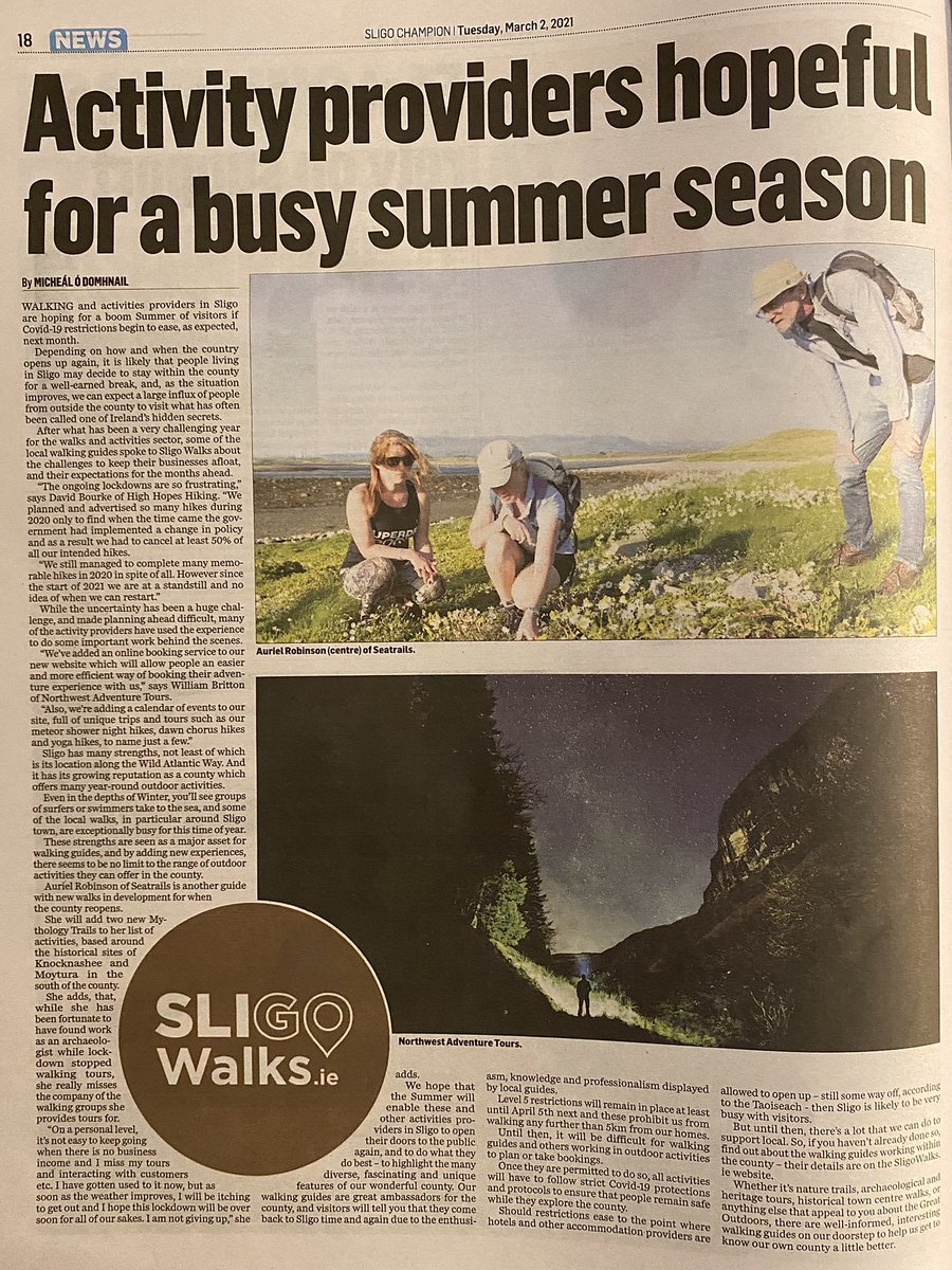 Sligo Walks (@sligowalks) on Twitter photo Today’s <a href="/SligoChampion/">The Sligo Champion</a> article features <a href="/Seatrails1/">Seatrails</a> <a href="/nwadventuretour/">NW Adventure Tours</a> and looks at the challenges facing the walks sector in #sligo during the pandemic and hopes for the Summer. #hiking #walking #mountaineering Today’s <a href="/SligoChampion/">The Sligo Champion</a> article features <a href="/Seatrails1/">Seatrails</a> <a href="/nwadventuretour/">NW Adventure Tours</a> and looks at the challenges facing the walks sector in #sligo during the pandemic and hopes for the Summer. #hiking #walking #mountaineering