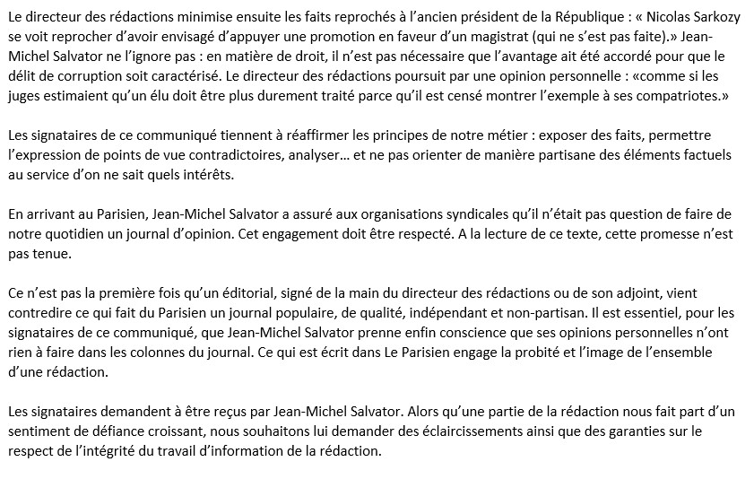 La SDJ du Parisien, les organisations syndicales (SNJ, SNJ-CGT, SGJ-FO, SNPEP-FO, SGLCE-CGT) et le collectif des femmes du Parisien se désolidarisent de l'édito de lundi dont la teneur ne correspond pas aux valeurs portées depuis 77 ans par Le Parisien