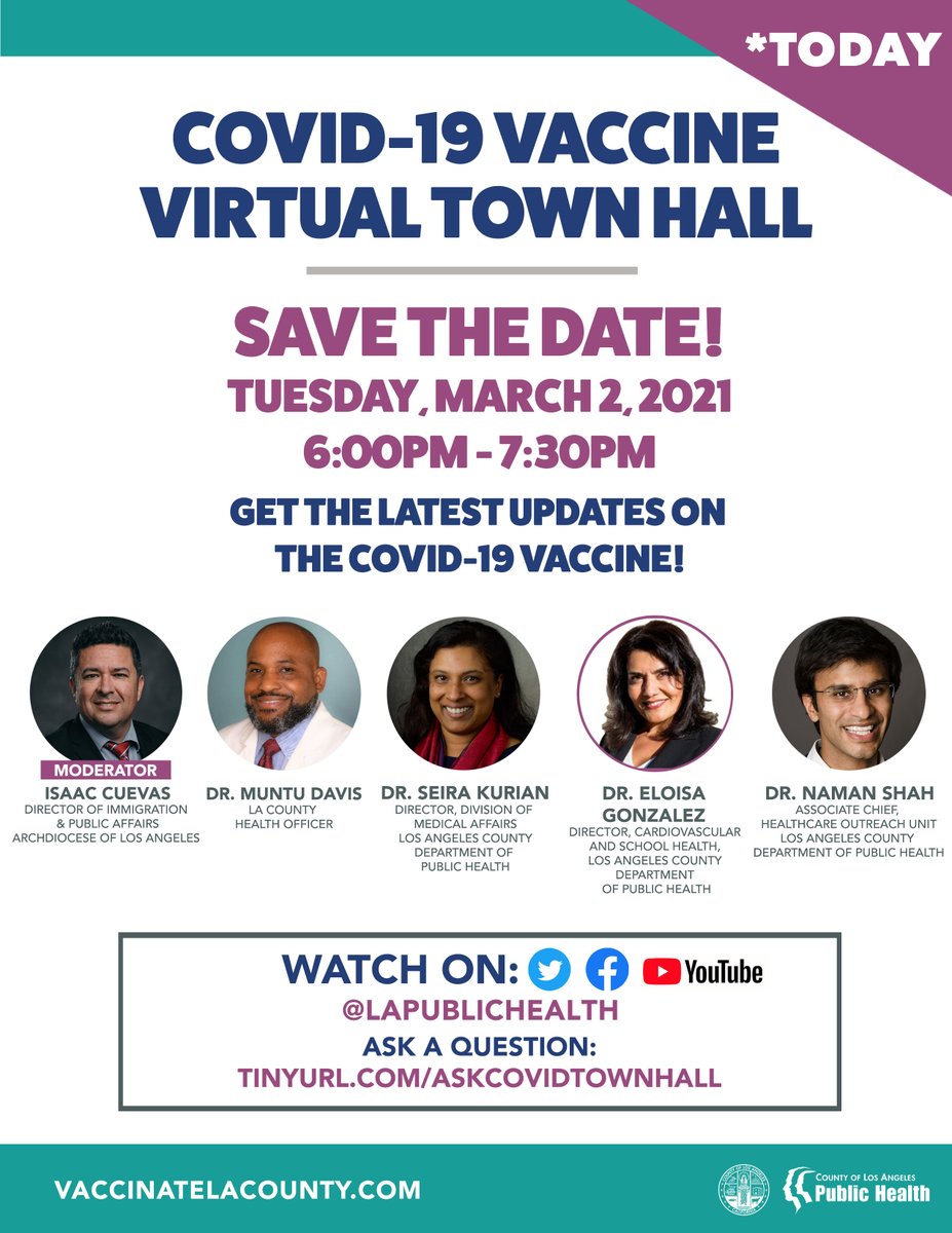 lapublichealth's tweet photo. Join us TONIGHT at 6:00pm for the COVID-19 Vaccine Virtual Townhall. Watch live on our Twitter, YouTube, and Facebook pages. #VaccinateLACounty https://t.co/iKANHqSwSr