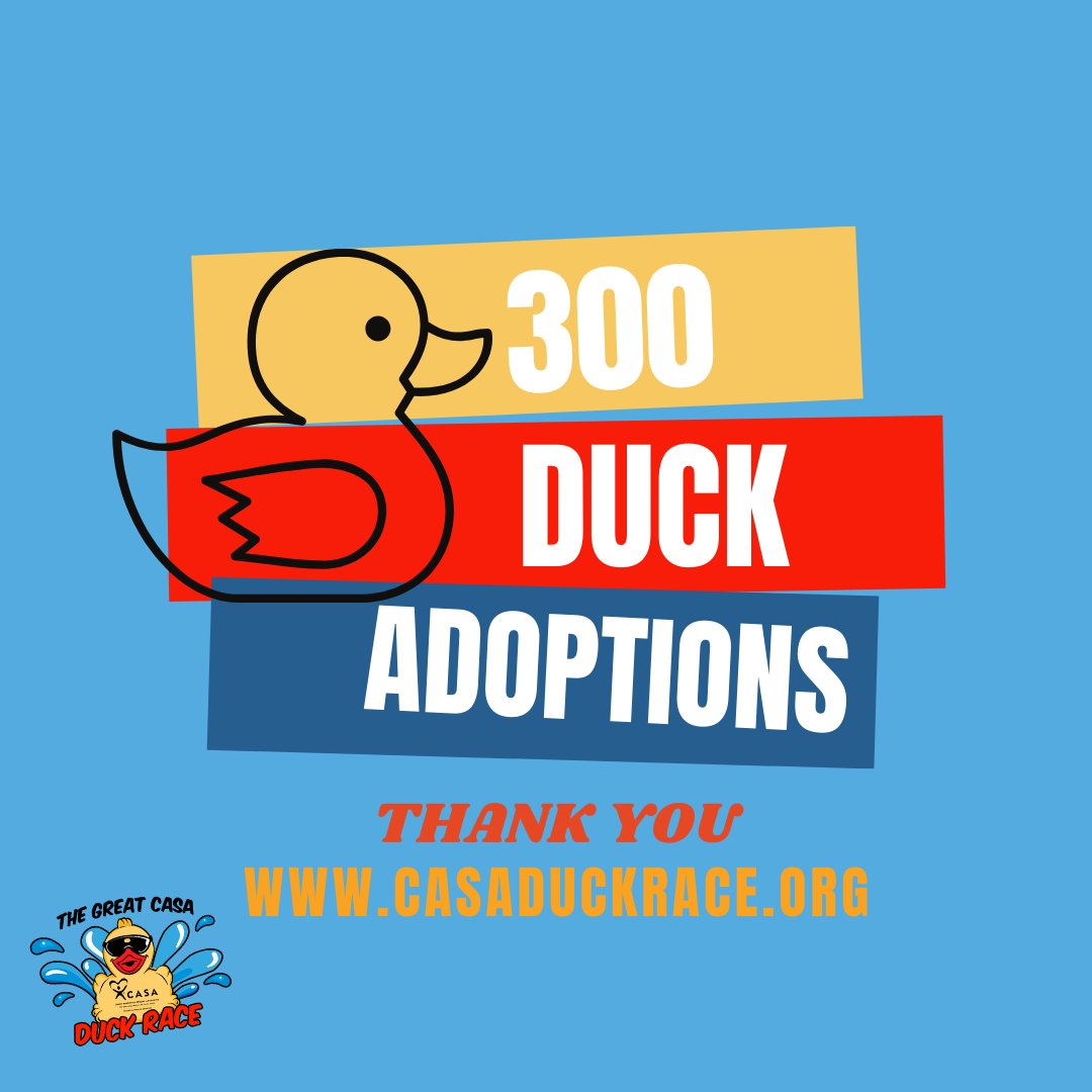 Holy quack! Since opening up our adoptions last week, we've already adopted out over 300 ducks to race in the virtual Great CASA Duck Race! ❤️

We still have a long way to go to meet our 5,000 duck adoption goal! Adopt here today --> duckrace.com/fresno