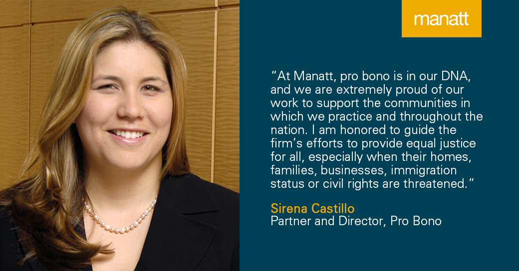 manatt's tweet photo. We are thrilled to announce that partner Sirena Castillo has been named the firm’s director of pro bono. Learn more about Sirena’s new role and our pro bono practice here: https://t.co/tA9cXxh0nI https://t.co/TsCy8MkkFv