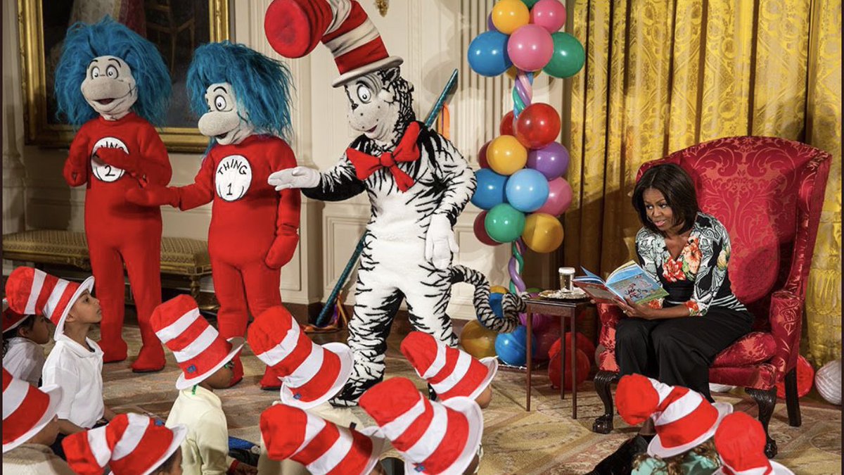 KaitMarieox's tweet photo. So Dr. Suess is racist according to the old white President, but wasn't according to the black President? 🤔 https://t.co/6iLWLMm6WC