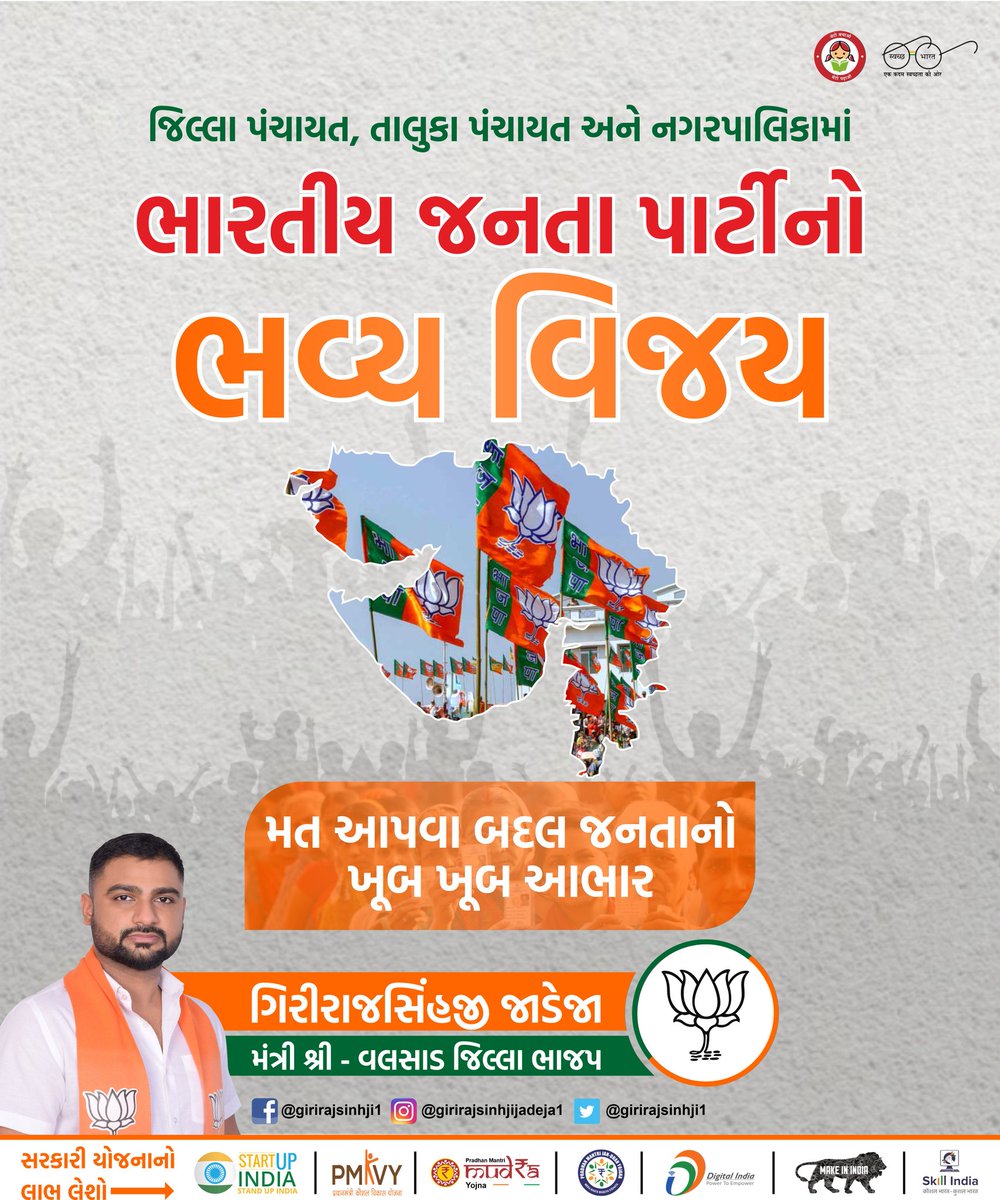 Girirajsinhji1's tweet photo. જિલ્લા પંચાયત, તાલુકા પંચાયત અને નગરપાલિકામાં ભારતીય જનતા પાર્ટીનો ભવ્ય વિજય.
@narendramodi @AmitShah @JPNadda @CRPaatil @vijayrupanibjp @Nitinbhai_Patel @BJP4Gujarat @BJP4India 
#bjpwins #bjpmembership #bjpelection #bjpyouth #bjpmembership #Election2021 #electedmember #wins https://t.co/gl7DvsVWdr