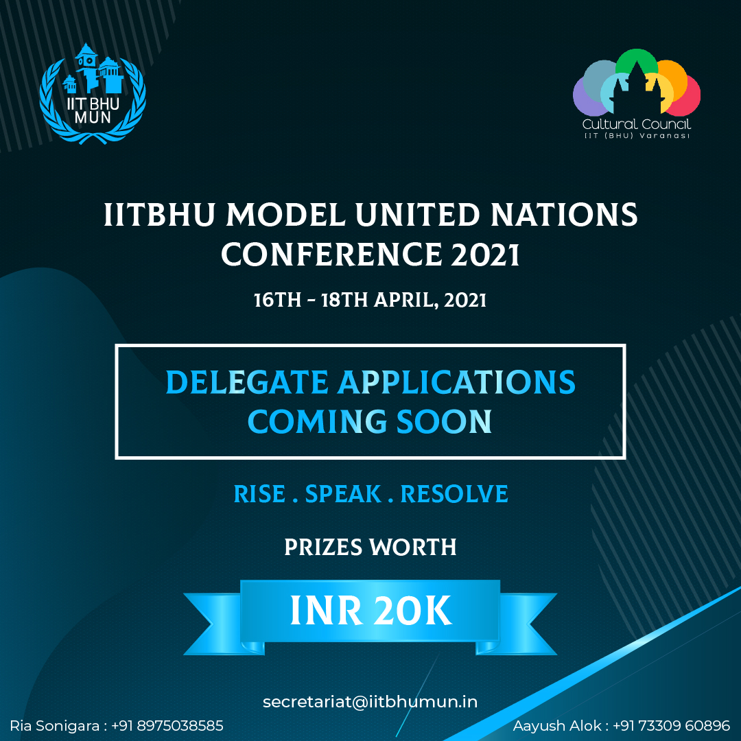 iitbhu_mun's tweet photo. The Delegate Applications for IITBHU Model United Nations,2021 Conference are coming soon!
This year's Conference shall witness the involvement of various talented delegates
Cash prizes to win up to INR 20,000!!
Stay tuned for further updates!
#IITBHUMUN2021 #DelegateApplications https://t.co/YH4dot1M5X