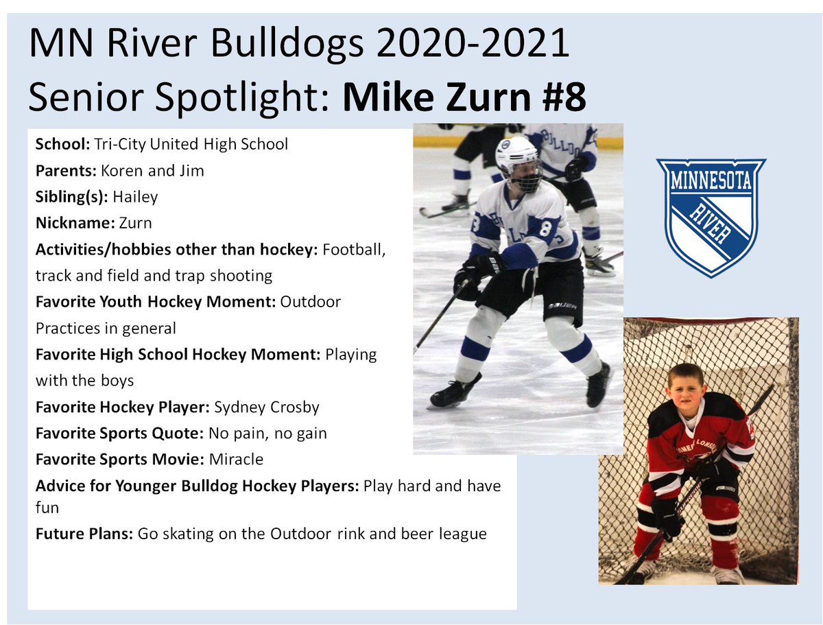 MNRiverBulldogs's tweet image. First up today for our senior spotlight is Mike Zurn! Mike is a senior at Tri-City United High School and a forward for the Bulldogs. Mike is a fun-loving guy that everyone loves to be around. Going to miss the energy in the locker room next year! #bulldogfamily