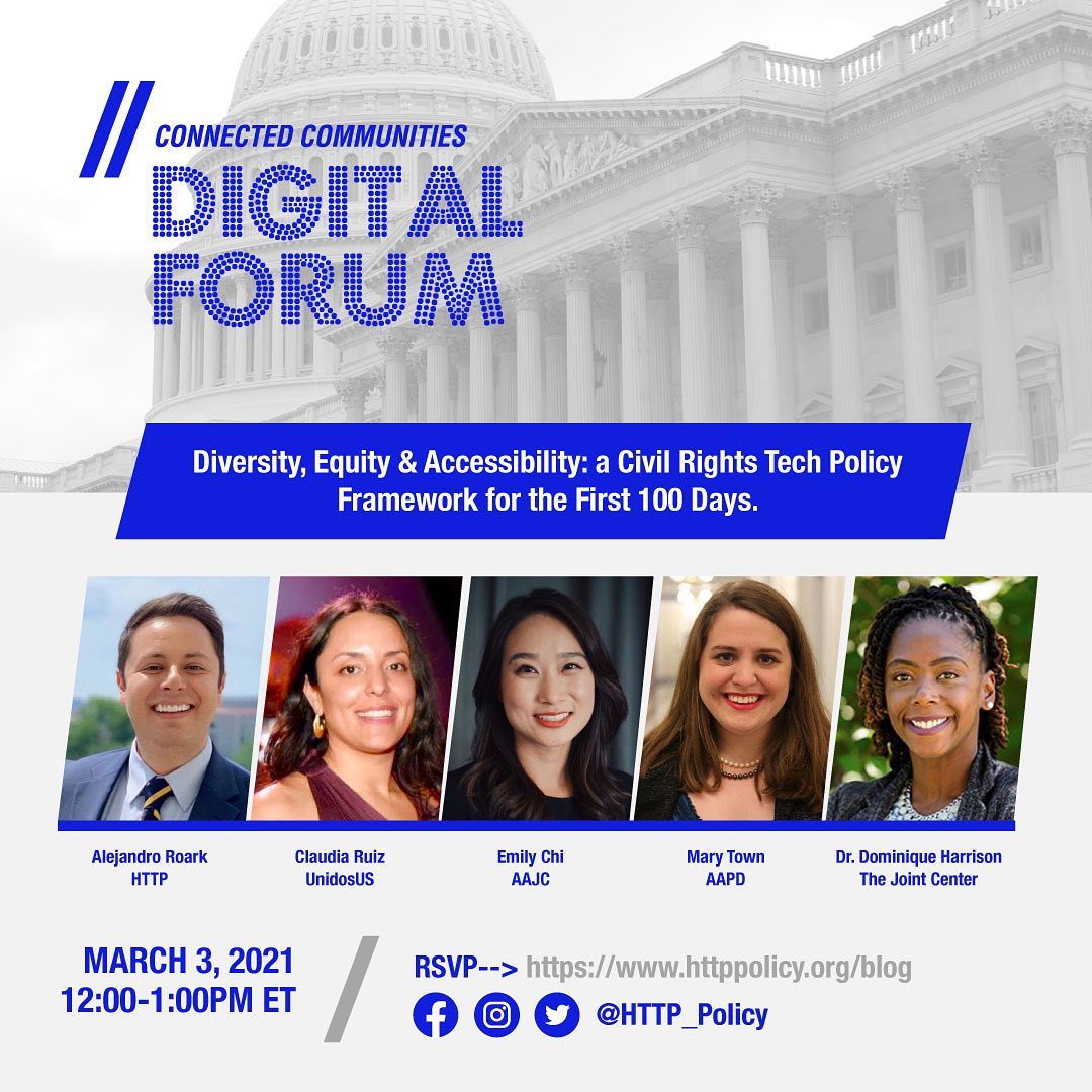 LatinoCoalition's tweet photo. Webinar happening tomorrow with @http_policy, a TLC Alliance Partner! Join HTTP, @AAAJ_AAJC, The Joint Center, @AAPD, and @WeAreUnidosUS for a conversation about tech policy and its role in expanding civil rights, diversity, digital equity and accessibility. #HTTPInclusion https://t.co/tYhjMye53A