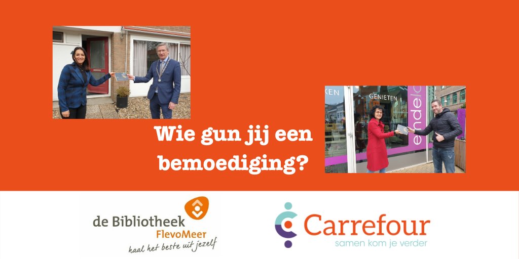 FlevoMeer Bibliotheek NOP en Carrefour hebben samen een ‘Voor jou-pakketje’ samengesteld voor mensen die een bemoediging kunnen gebruiken in deze lastige periode. Ken jij iemand die je dit pakketje gunt? Kom het gratis ophalen en maak diegene blij! carrefour.nu/voorjoupakket