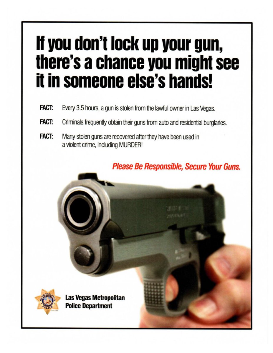 LVMPDNWAC's tweet photo. Followers! We are asking you to PLEASE secure your firearms in your homes and do not leave them in your vehicles, especially unsecured. You might think they are well hidden inside your home or car, but thieves know where to look! #lockupyourgun #LVMPD https://t.co/FKzN49N0wR
